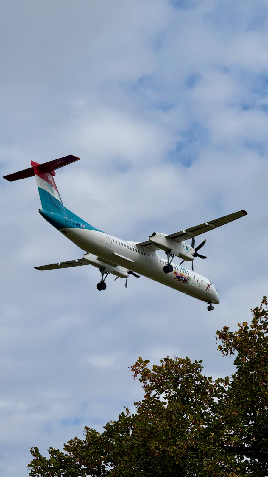 Propellerflugzeug von Luxair im Landeanflug über Baumkronen